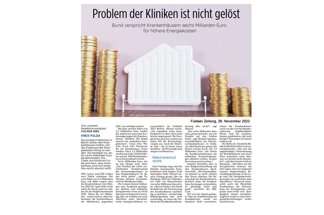 Fuldaer Zeitung: Problem der Kliniken ist nicht gelöst - Bund verspricht Krankenhäusern Hilfe für Energiekosten