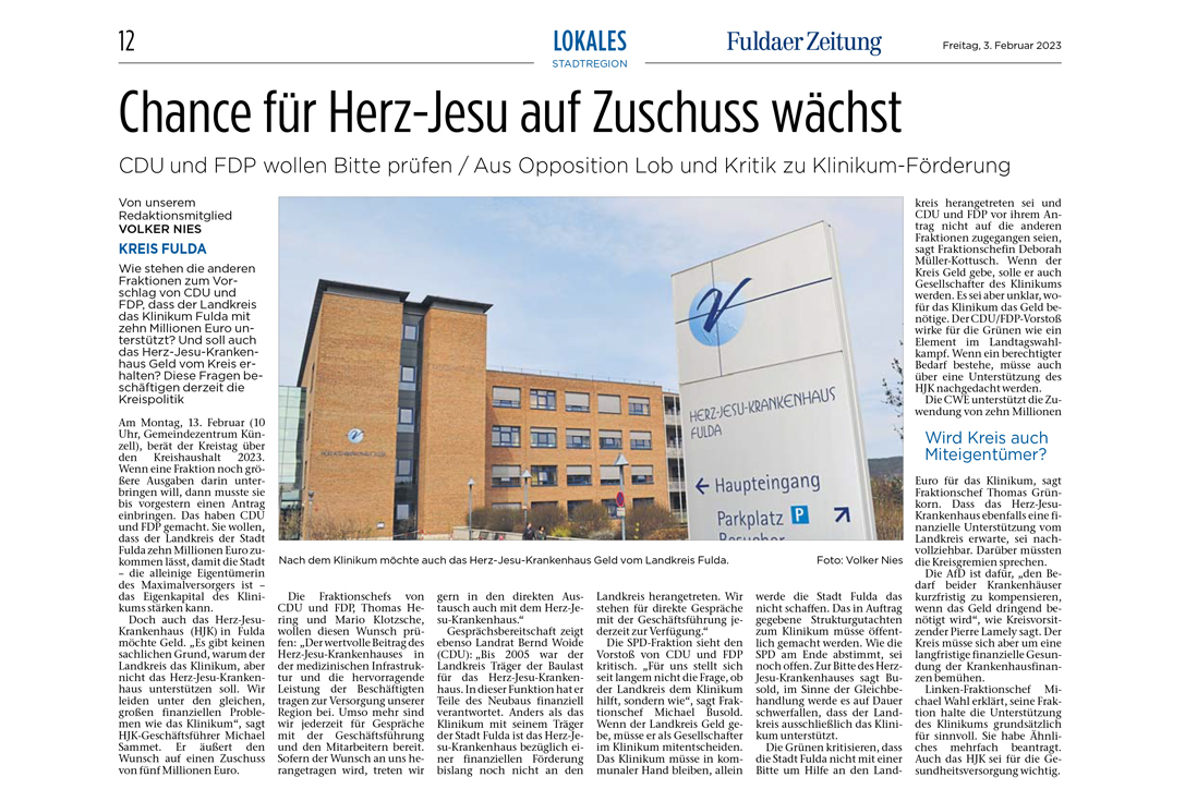 Fuldaer Zeitung: Chance für Herz-Jesu auf Zuschuss wächst