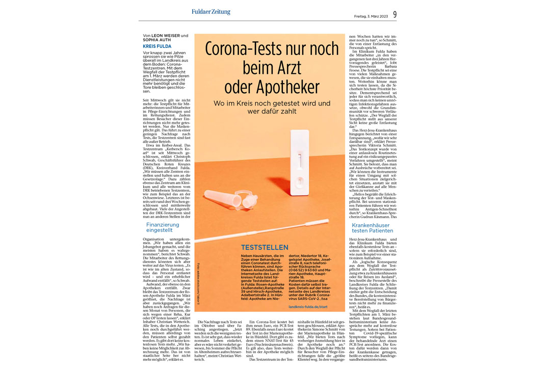 Fuldaer Zeitung: Corona-Tests nur noch beim Arzt oder Apotheker