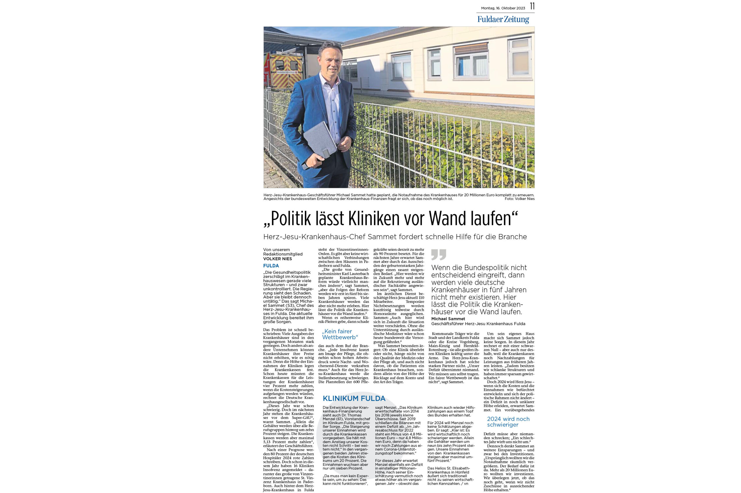 Fuldaer Zeitung: Sammet fordert schnelle Hilfe für die Branche / Politik lässt Kliniken vor Wand laufen / Krankenhausfinanzierung