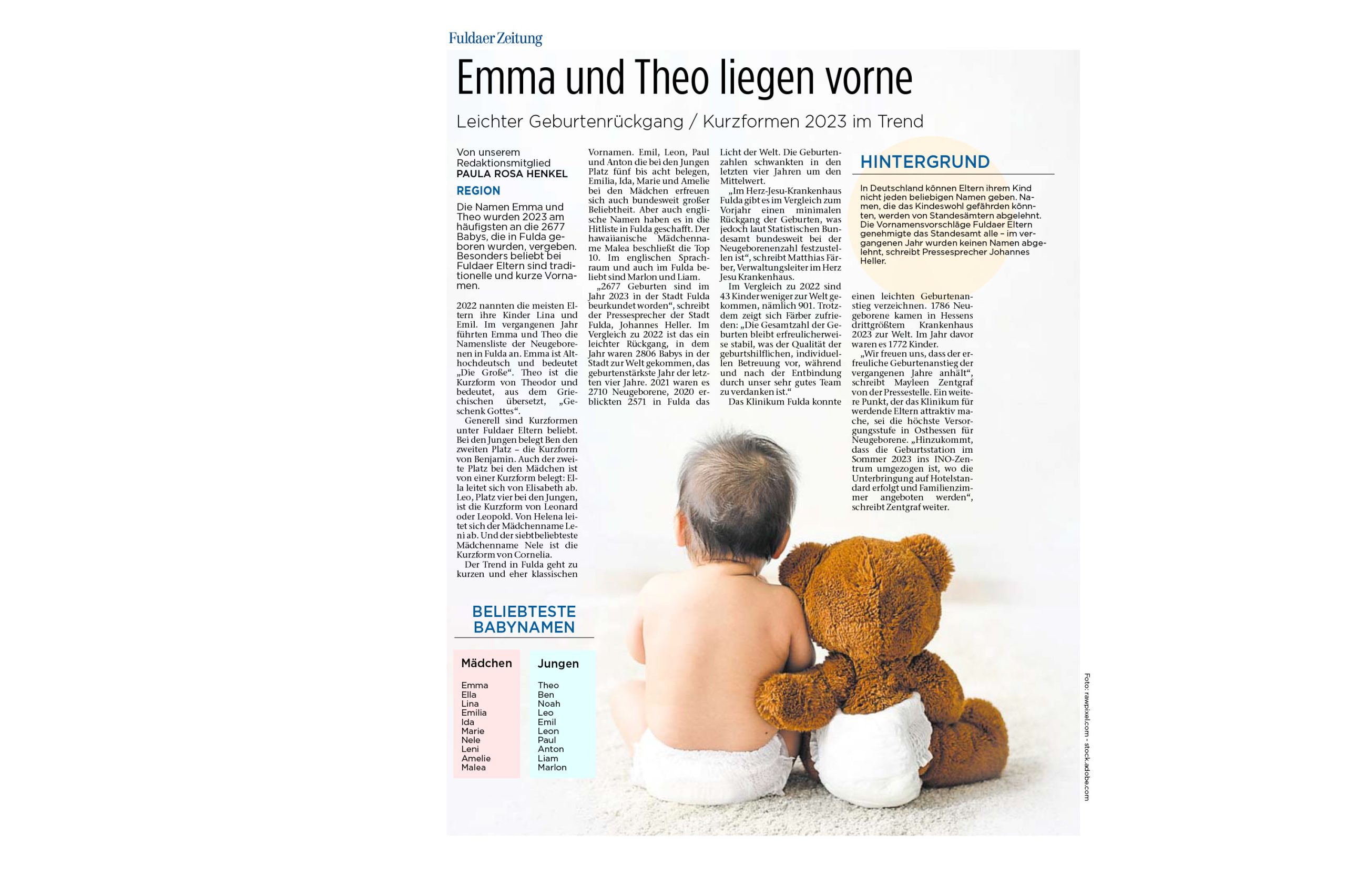 Fuldaer Zeitung: Emma und Theo liegen 2023 bei den beliebtesten Babynamen in Fulda vorne
