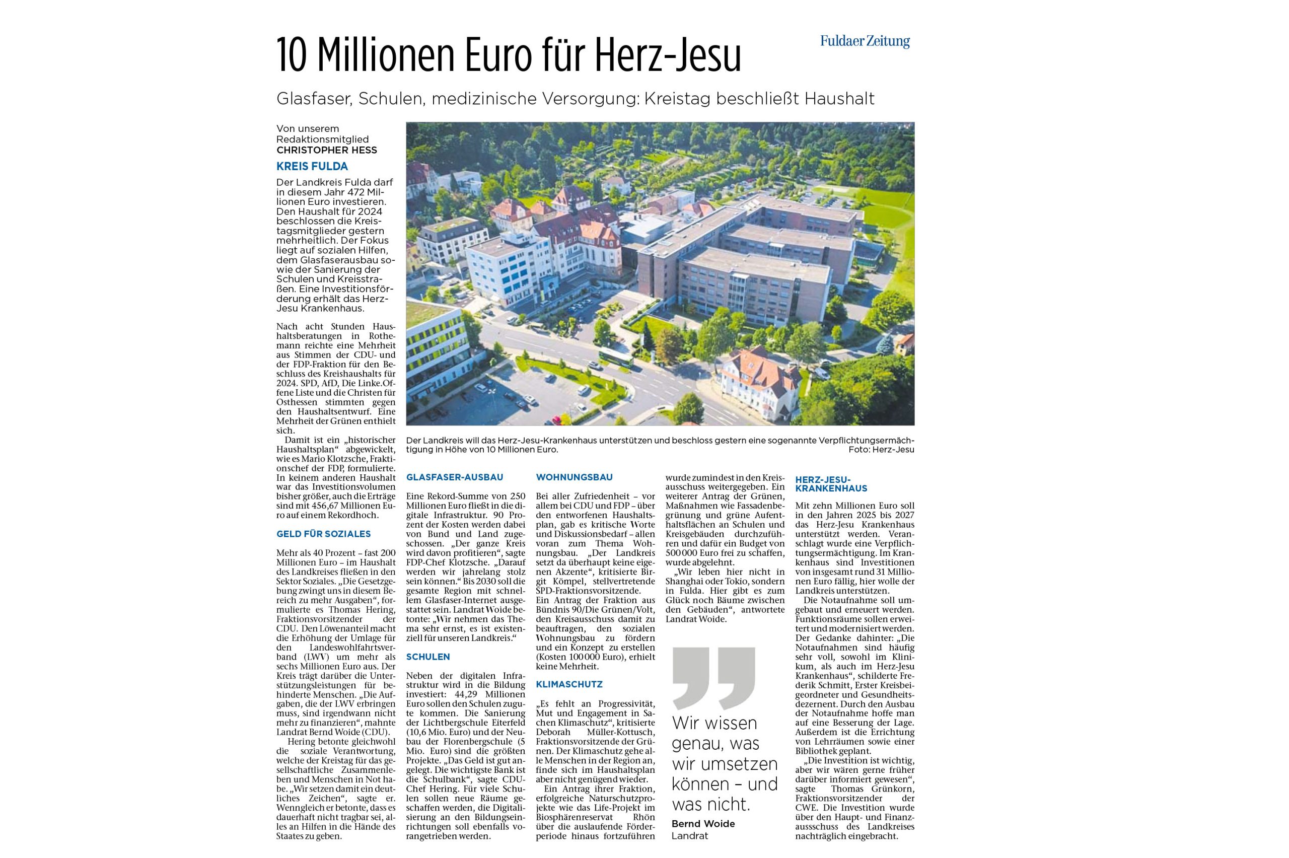 Fuldaer Zeitung: 10 Millionen Euro für Herz-Jesu-Krankenhaus: Fuldaer Kreistag beschließt Haushalt 2024
