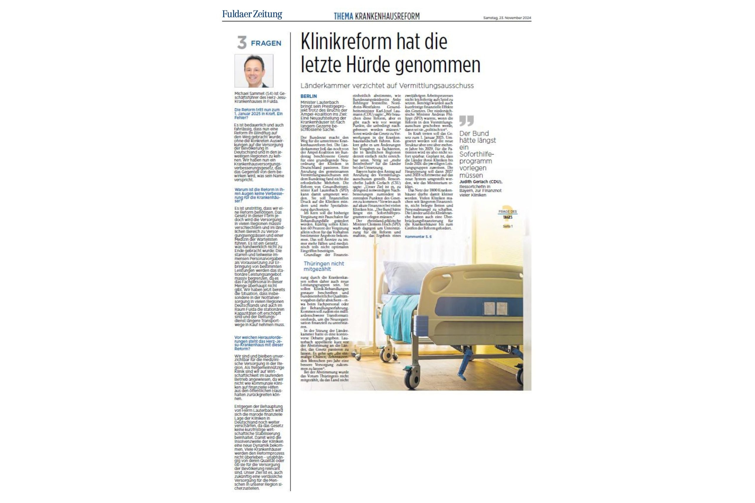 Fuldaer Zeitung: Klinikreform hat die letzte Hürde genommen - 3 Fragen zum Thema Krankenhausreform