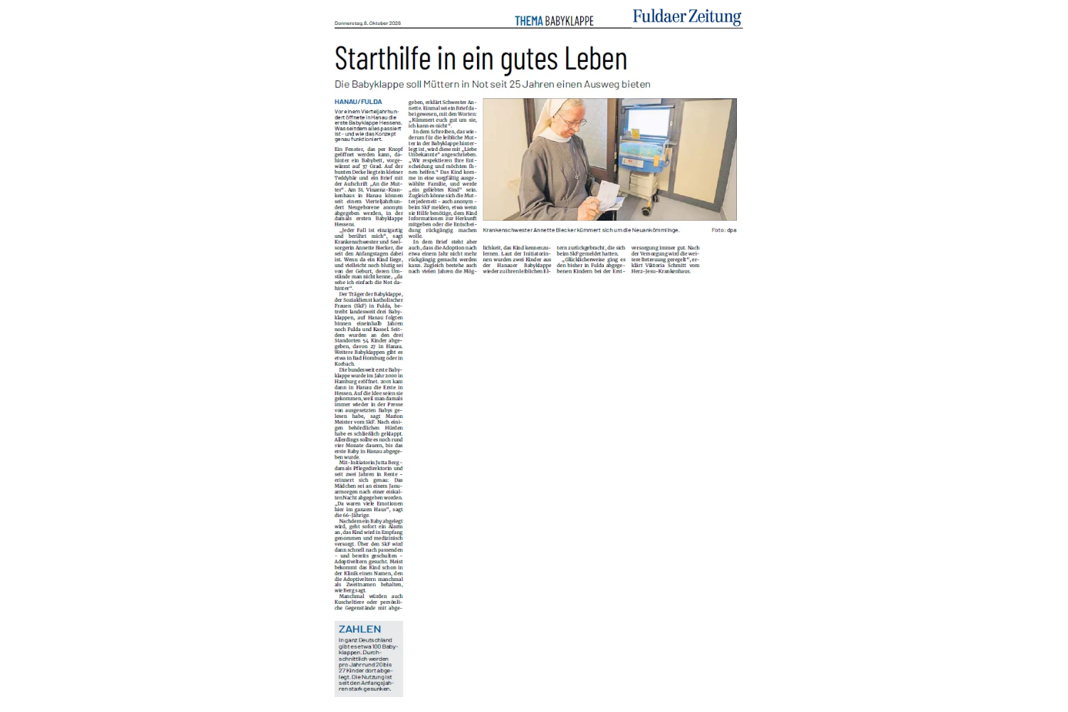Fuldaer Zeitung: Starthilfe in ein gutes Leben / 25 Jahre Babyklappe in Hessen
